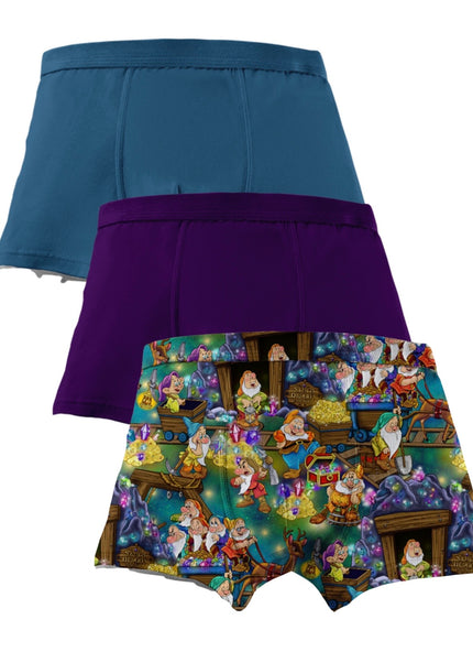 Three pairs of boxer briefs with different designs. Miners, dark purple and blue on white back ground 
