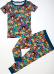 Children's pajama set with miners pattern on a white background